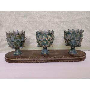 Triple Artichoke Metal Candle Holder Distressed Blue-Green Finish on Metal Base
